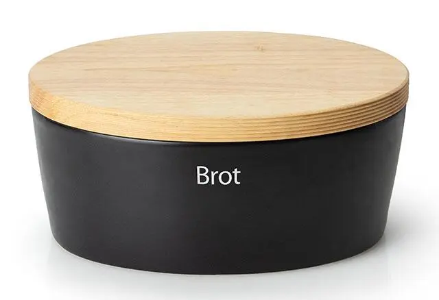 Continenta Brottopf Oval Aus Keramik Mit Holzdeckel, Matt Schwarz 3 Continenta Brottopf Oval Aus Keramik Mit Holzdeckel, Matt Schwarz