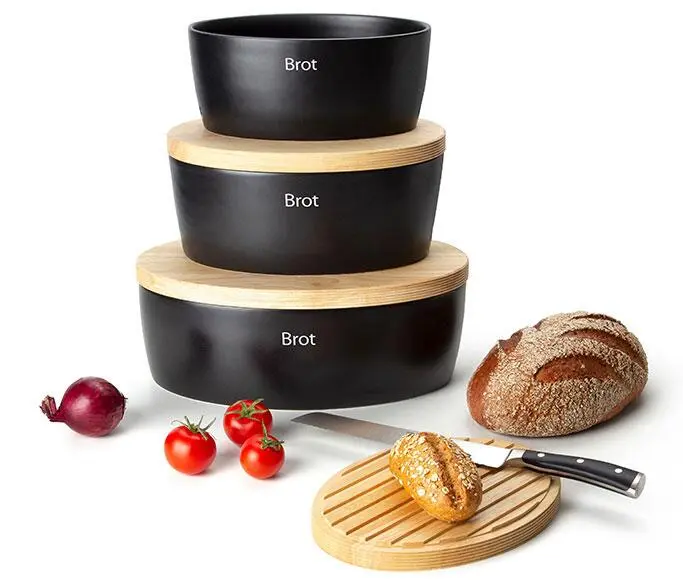 Continenta Brottopf Oval Aus Keramik Mit Holzdeckel, Matt Schwarz 5 Continenta Brottopf Oval Aus Keramik Mit Holzdeckel, Matt Schwarz – Bild 3